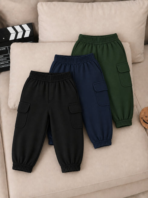 Pack of 3 – Green, Navy & Black Fleece Cargo Pants