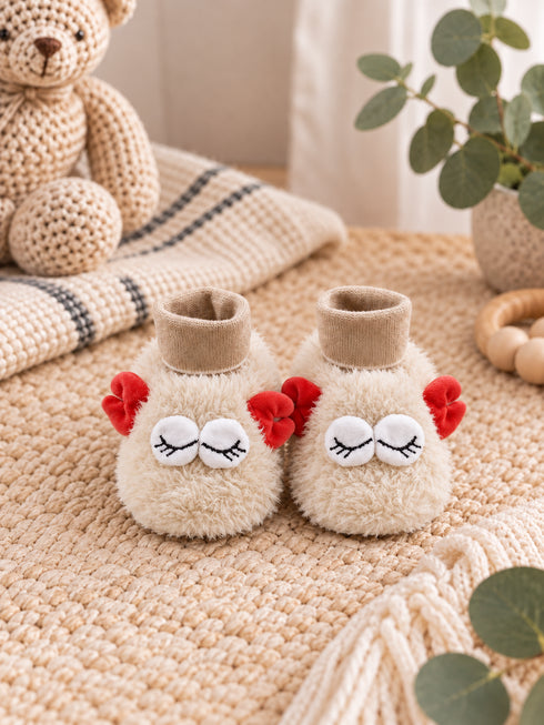 Dreamy Eyes Fuzzy Booties - Beige & Red