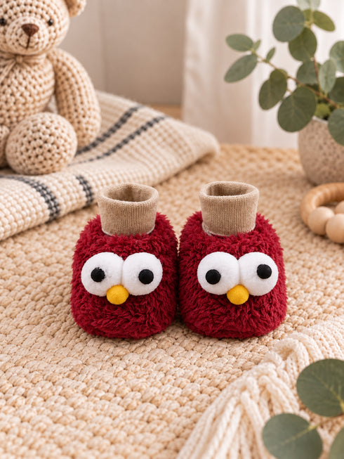 Peekaboo Owl Fuzzy Booties - Red