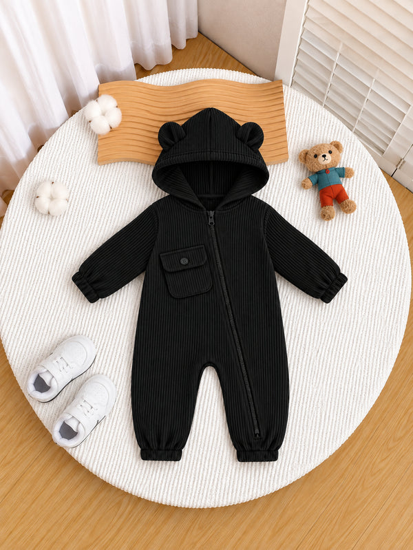 Black Ribbed Hooded Sleepsuit