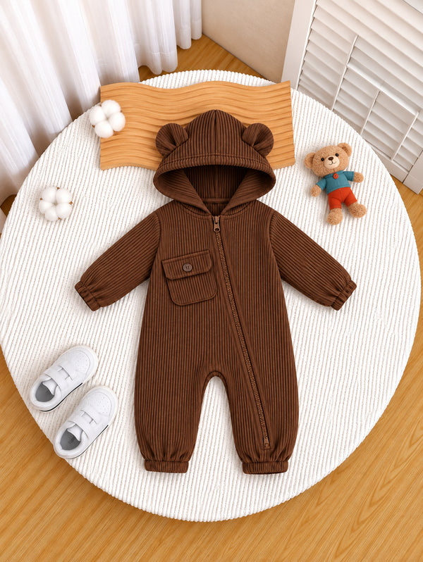 Brown Ribbed Hooded Sleepsuit