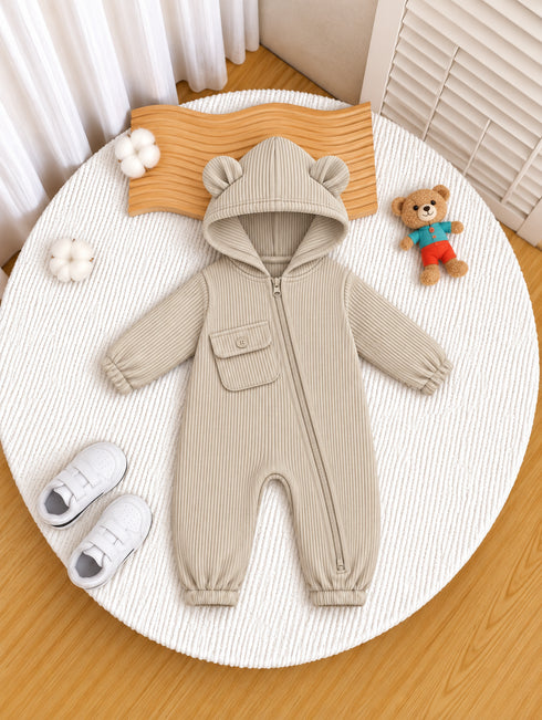 Beige Ribbed Hooded Sleepsuit