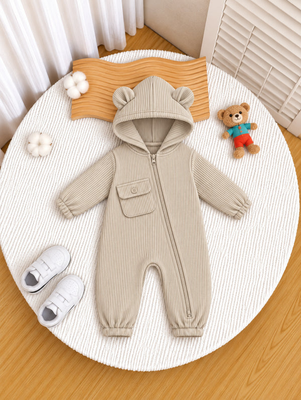 Beige Ribbed Hooded Sleepsuit