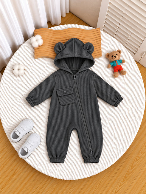Charcoal Grey Ribbed Hooded Sleepsuit