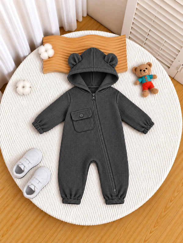 Charcoal Grey Ribbed Hooded Sleepsuit