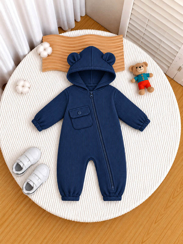 Navy Ribbed Hooded Sleepsuit