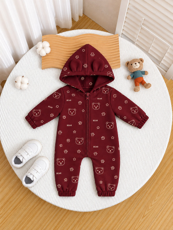 Burgundy Bear Hooded Sleepsuit