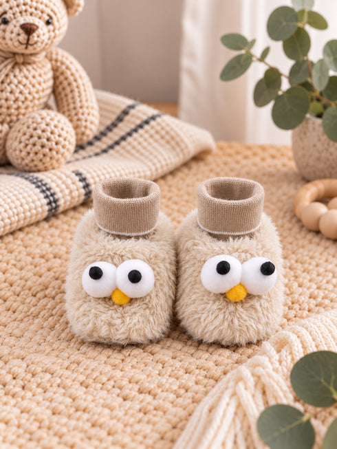Peekaboo Owl Fuzzy Booties - Beige