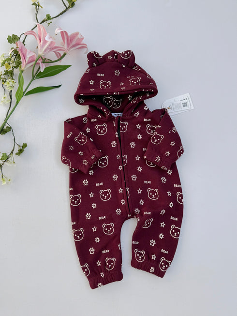 Burgundy Bear Hooded Sleepsuit