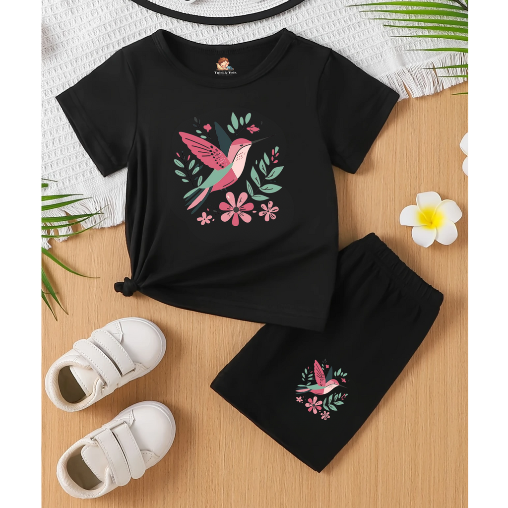 Black Hummingbird Floral Short Set