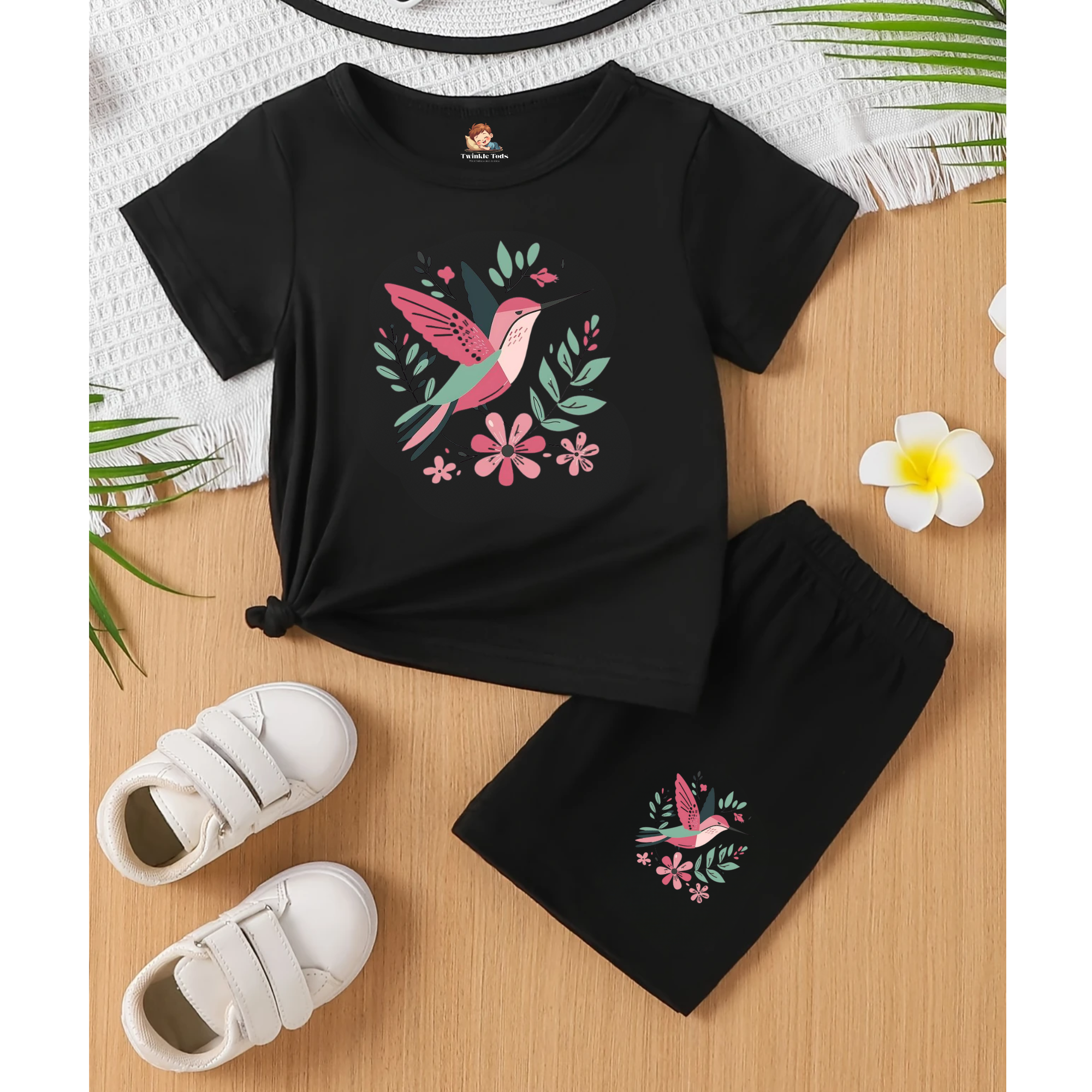 Black Hummingbird Floral Short Set