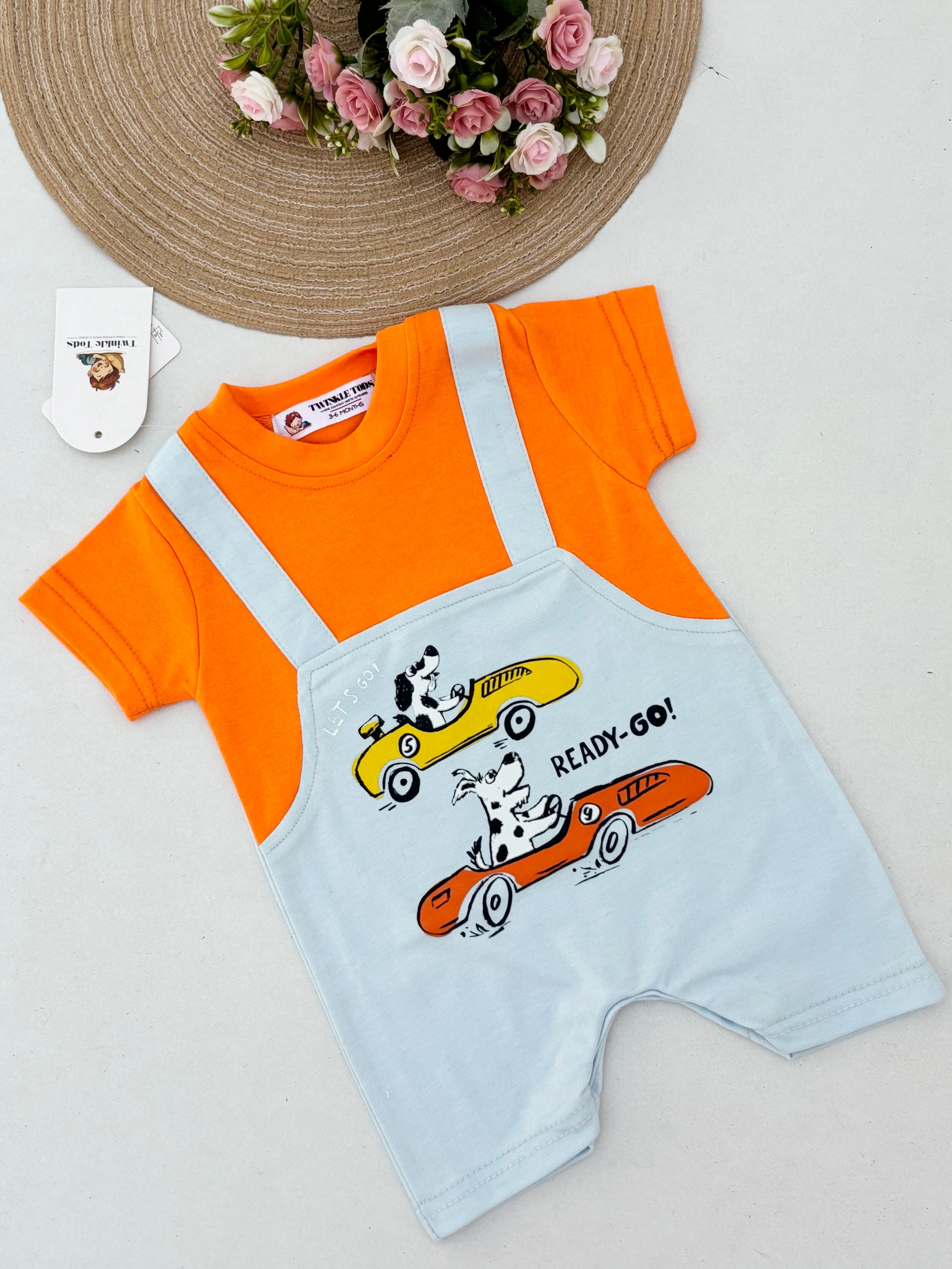 Lets Go Printed Dungree Romper