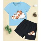 Little Cat Printed Short Set (Sky Blue)