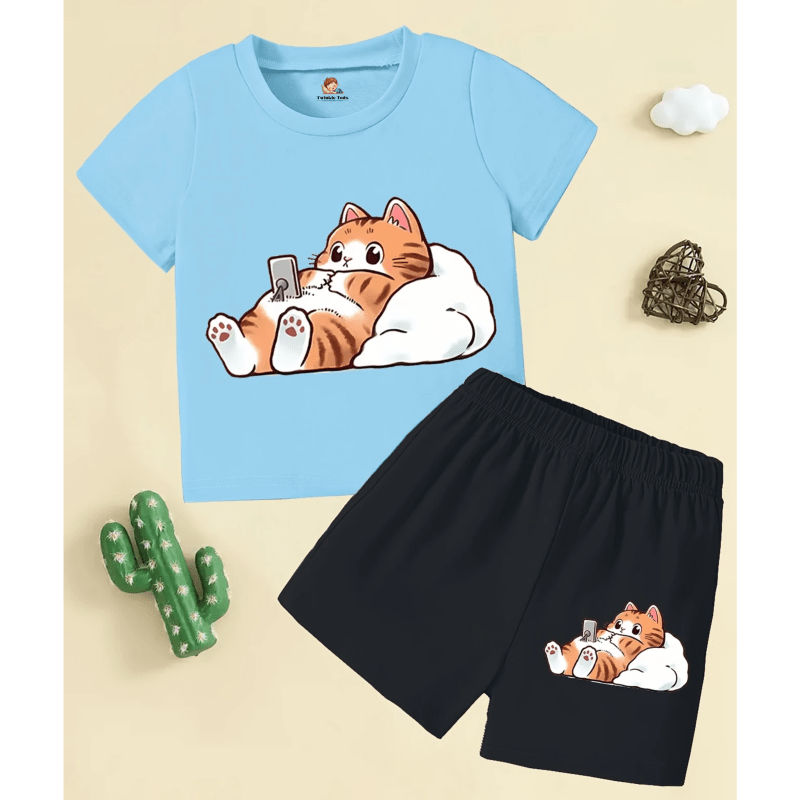 Little Cat Printed Short Set (Sky Blue)