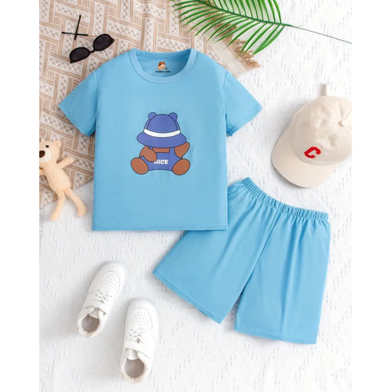 Teddy Bear Printed Short Set (Blue)