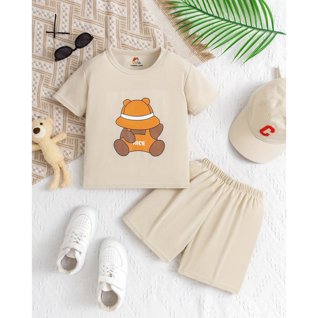 Teddy Bear Printed Short Set (Fawn)