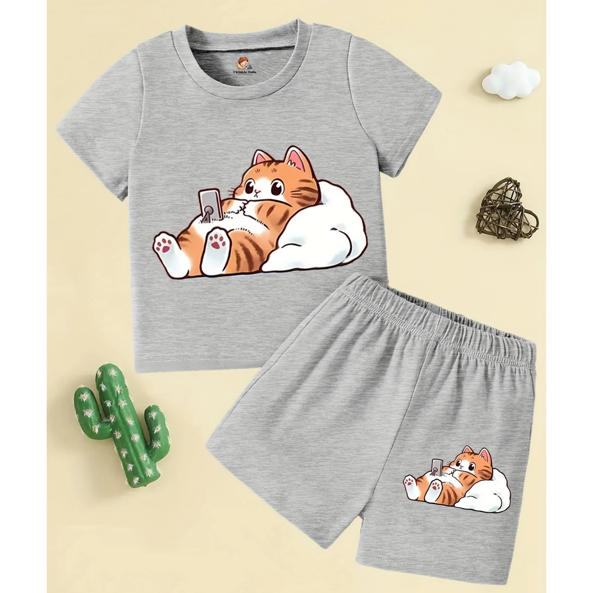 Little Cat Printed Short Set (Grey)