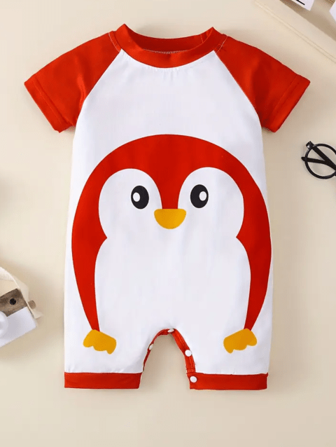 Penguin Print Romper – Green & Red