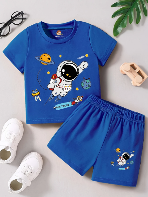Astronaut Printed Short Set – Royal Blue, White, Grey & Fon